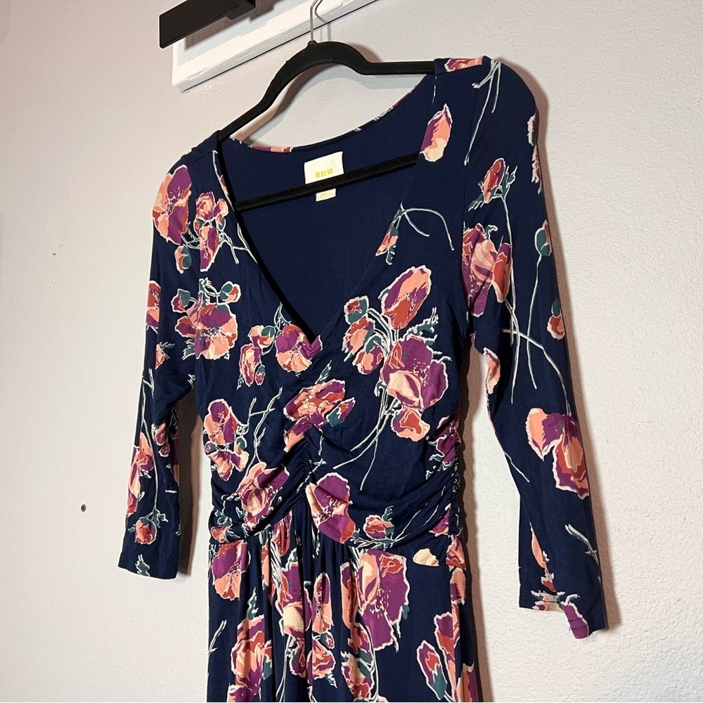 Anthropologie Maeve Midi Dress Floral Heppel Blue Purple Ruched Size Small - Picture 6 of 16